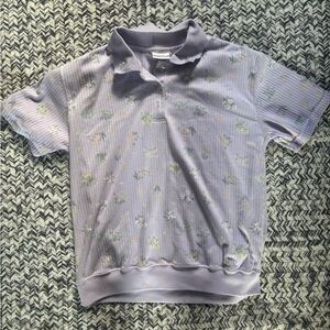 Vintage Embroidered Ribbed Women’s Lavender Purple Floral Polo Top Size Medium